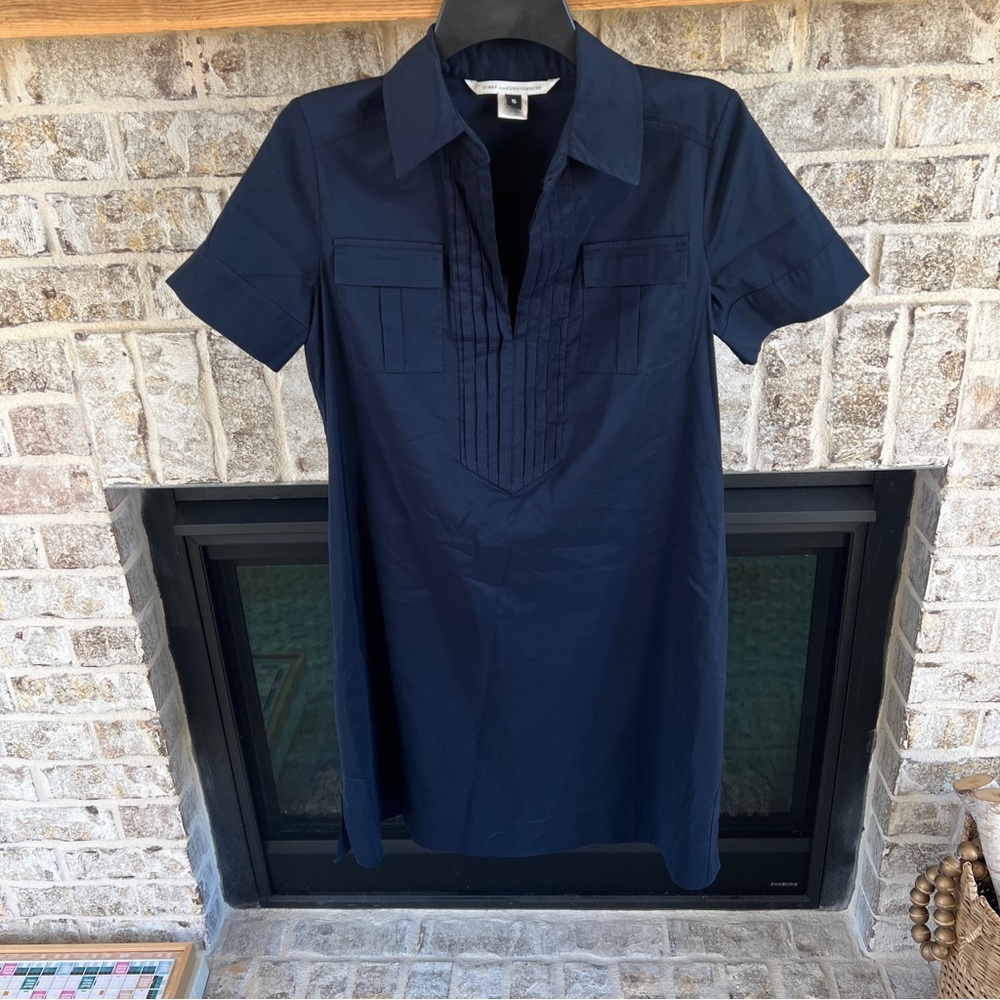 Diane Von Furstenberg Dress Navy Blue Short Sleeve Shirt Dress 6 DVF Designer